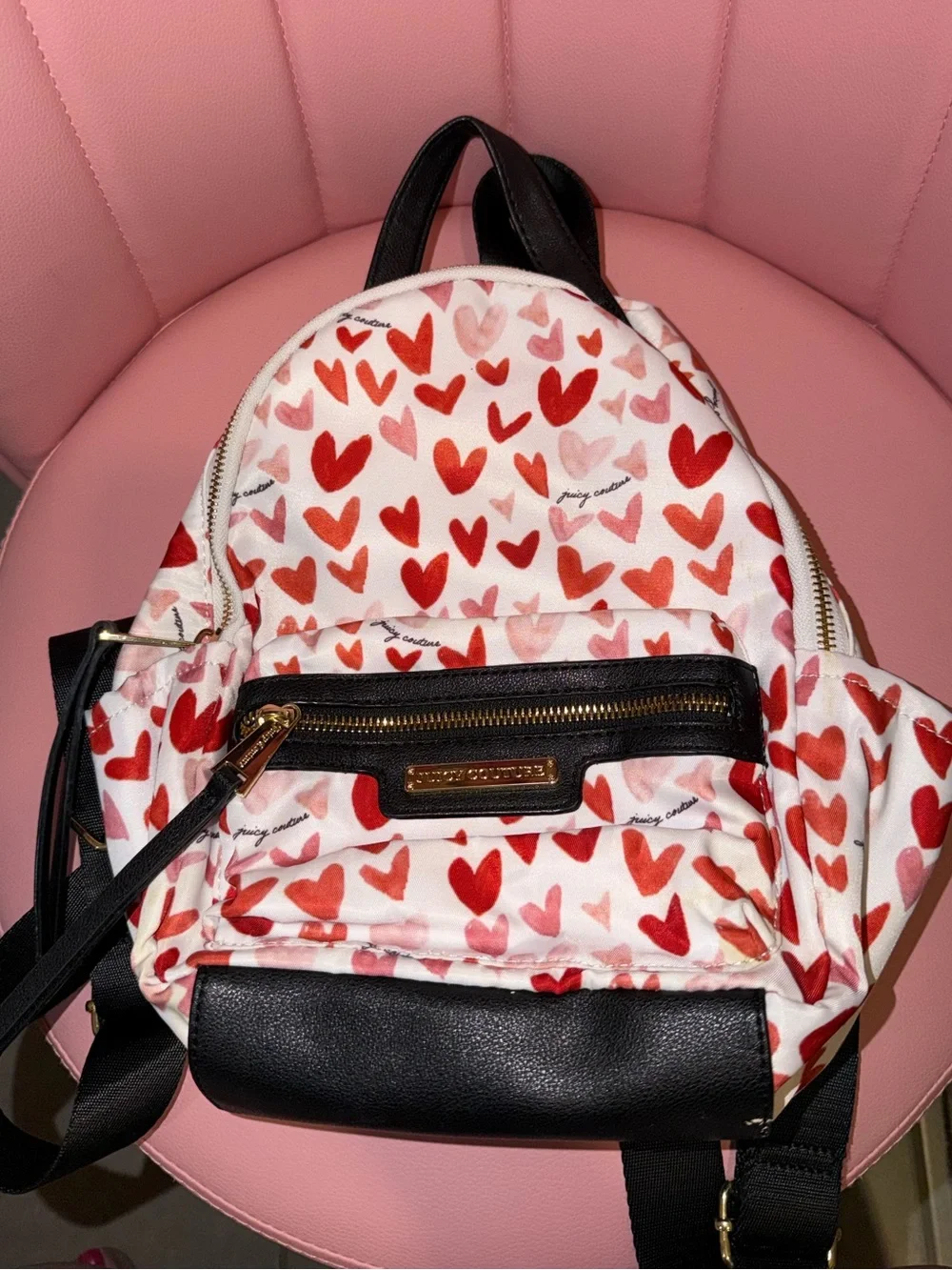 Juicy Couture Pink & Red Heart Print Mini Backpack with Matching Wallet Set